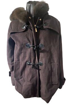 Ellen Tracy brown wool blend coat with blue fox fur hood trim size 10